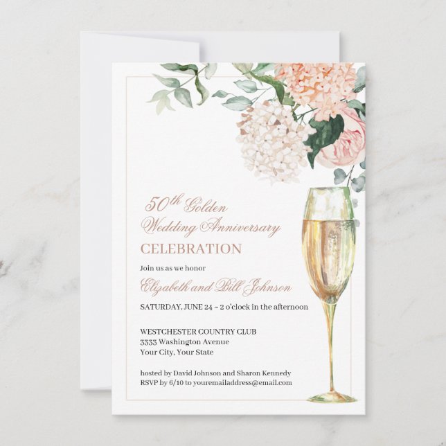 Invitación Elegante Floral Rosa 50 Aniversario de Boda (Anverso)