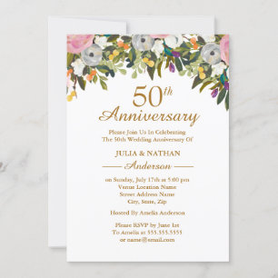 Invitación Elegante Floral Rosa 50 Aniversario de Boda