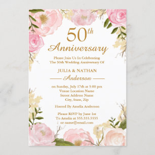 Invitación Elegante Floral Rosa 50 Aniversario de Boda