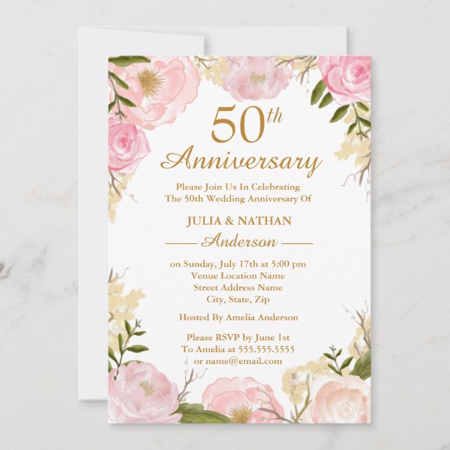 Invitación Elegante floral rosa 50 aniversario de bodas (Anverso)