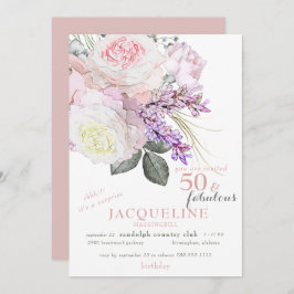 Invitación Elegante floral rosa 50 y fabulosa fiesta de cumpl