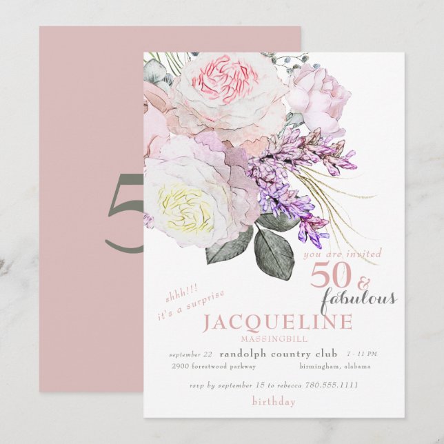 Invitación Elegante floral rosa 50 y fabulosa fiesta de cumpl (Anverso / Reverso)