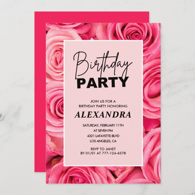 Invitación Elegante Floral rosa 59 cumpleaños (Anverso / Reverso)