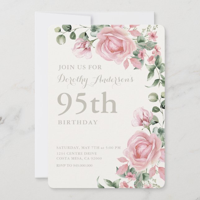 Invitación Elegante floral rosa 95ª fiesta de cumpleaños (Anverso)