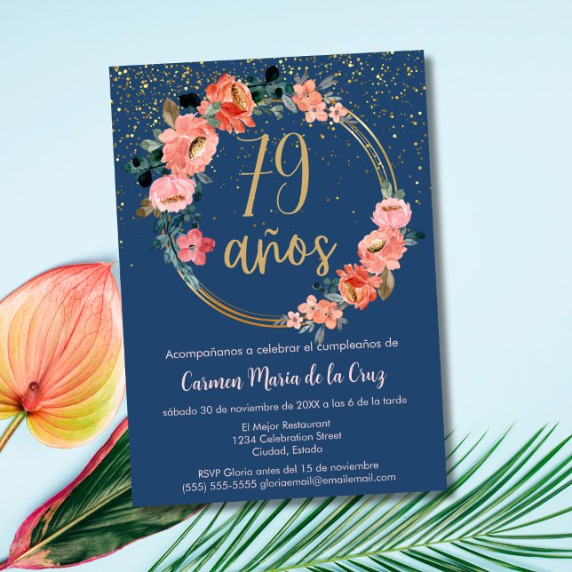 Invitación Elegante Floral Rosa Azul Español Cumpleaños 79 (Subido por el creador)