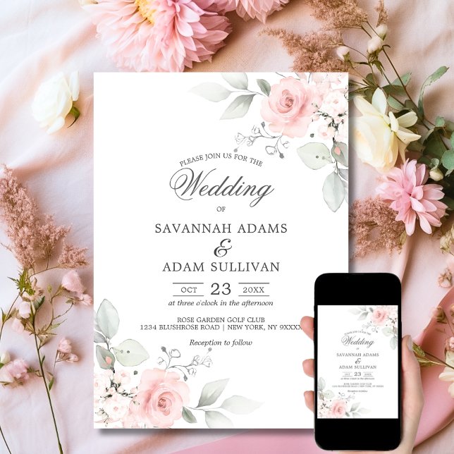 Invitación Elegante Floral Rosa Beige Rosa Botánico  (Elegant Floral Blush Rose Pink Botanical Invitation Set | Matching Invitation Suite)