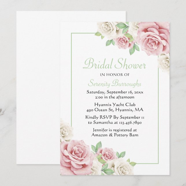Invitación Elegante Floral Rosa Blanca Rosa Ducha Bridal (Anverso / Reverso)