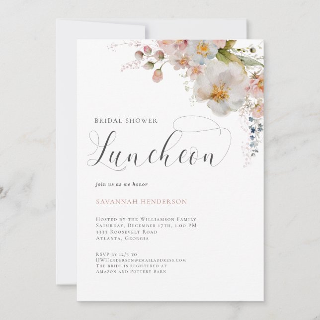Invitación Elegante Floral Rosa Bridal Shower Luncheon (Anverso)