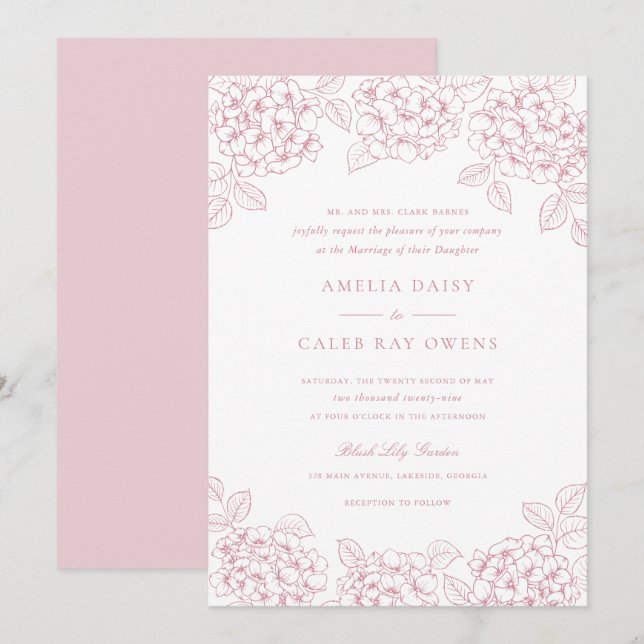 Invitación Elegante Floral Rosa Claro Hydrangea Marco Boda (Anverso / Reverso)