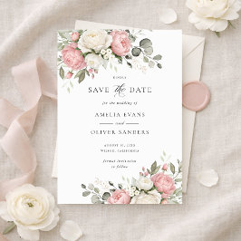Invitación Elegante Floral Rosa Claro para Salvar la Fecha de