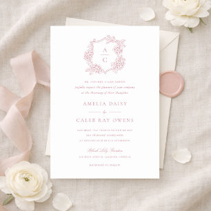 Invitación Elegante Floral Rosa Crest de Hortensia Boda