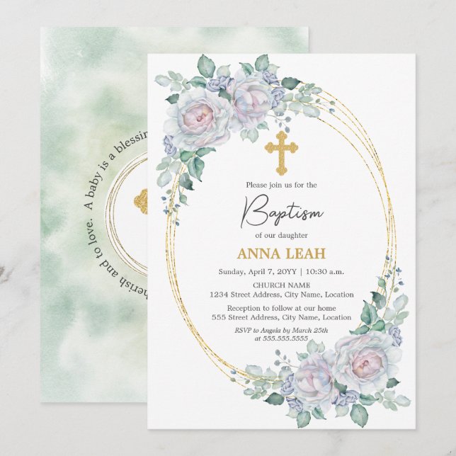 Invitación Elegante floral Rosa cruzado de oro bautismo (Anverso / Reverso)