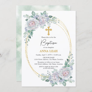 Invitación Elegante floral Rosa cruzado de oro bautismo