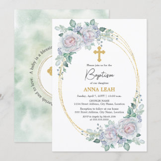 Invitación Elegante floral Rosa cruzado de oro bautismo