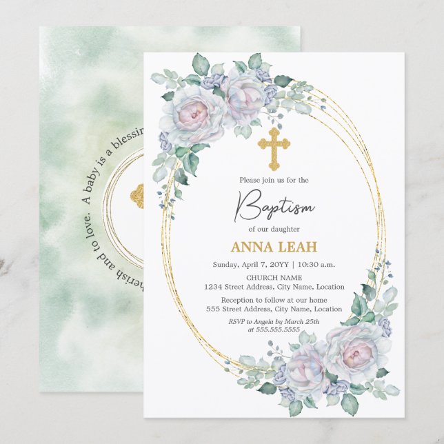 Invitación Elegante floral Rosa cruzado de oro bautismo (Anverso / Reverso)