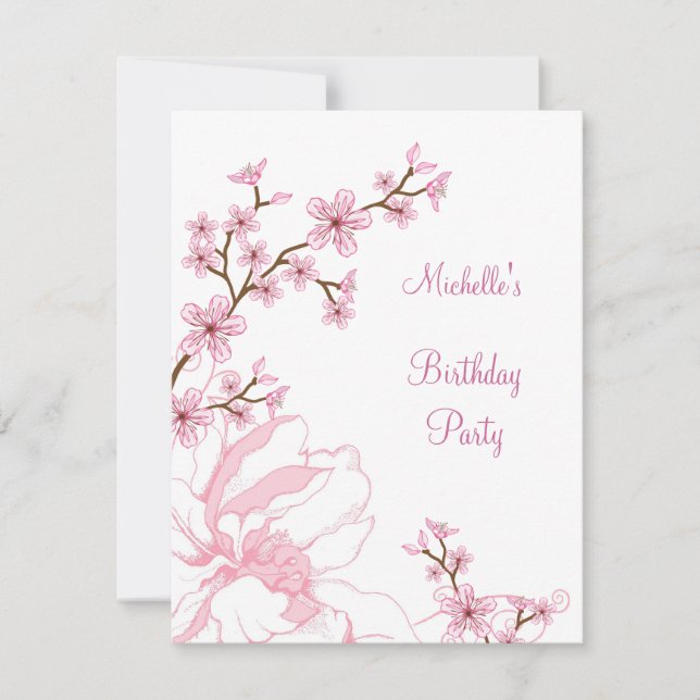 Invitación Elegante Floral Rosa Cumpleaños Blanco (Anverso)