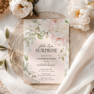 Invitación Elegante Floral Rosa Cumpleaños Sorpresa Shhh...