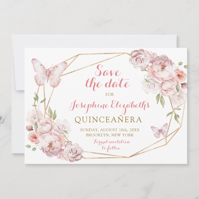 Invitación Elegante Floral Rosa Dorada Mis XV Años Salven La  (Anverso)