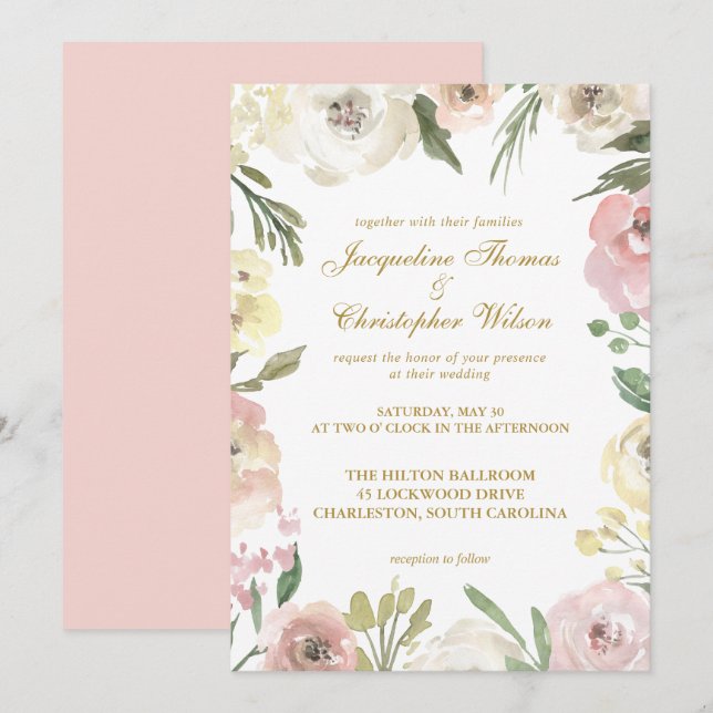 Invitación Elegante Floral Rosa Dorado de Boda de Primavera (Anverso / Reverso)
