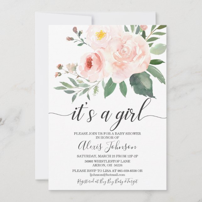 Invitación Elegante floral rosa es un Baby Shower Chica (Anverso)