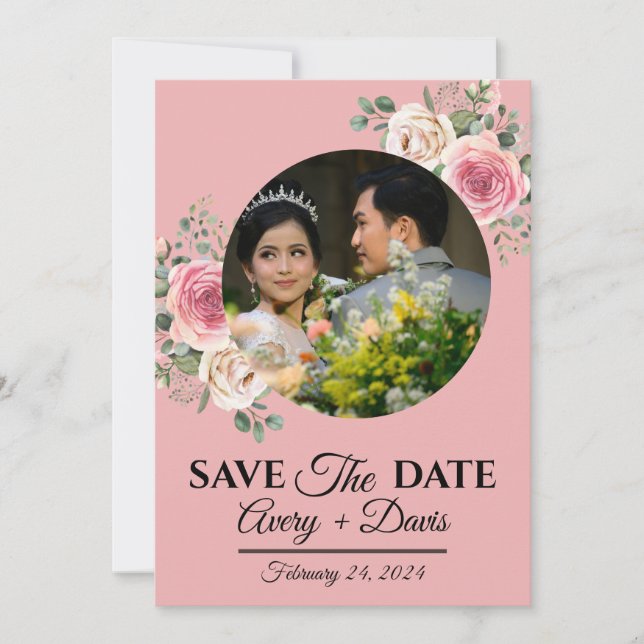 Invitación Elegante Floral Rosa Fecha de Guardado Totalmente  (Anverso)
