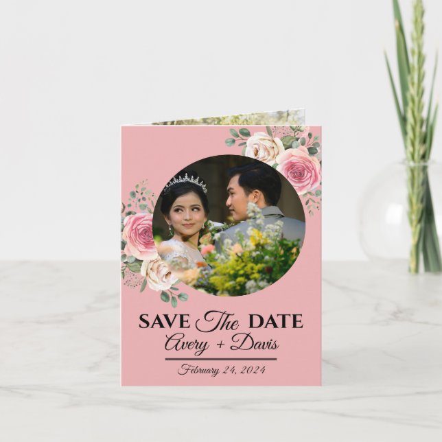 Invitación Elegante Floral Rosa Fecha de Guardado Totalmente  (Anverso)