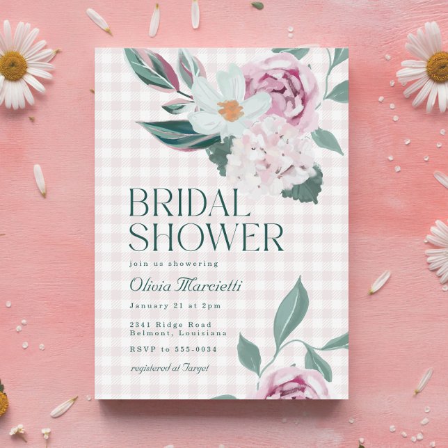 Invitación Elegante Floral Rosa Gingham Garden Bridal Shower (Subido por el creador)