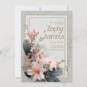 Invitación Elegante Floral Rosa Hoja Oscura Mármol Boda