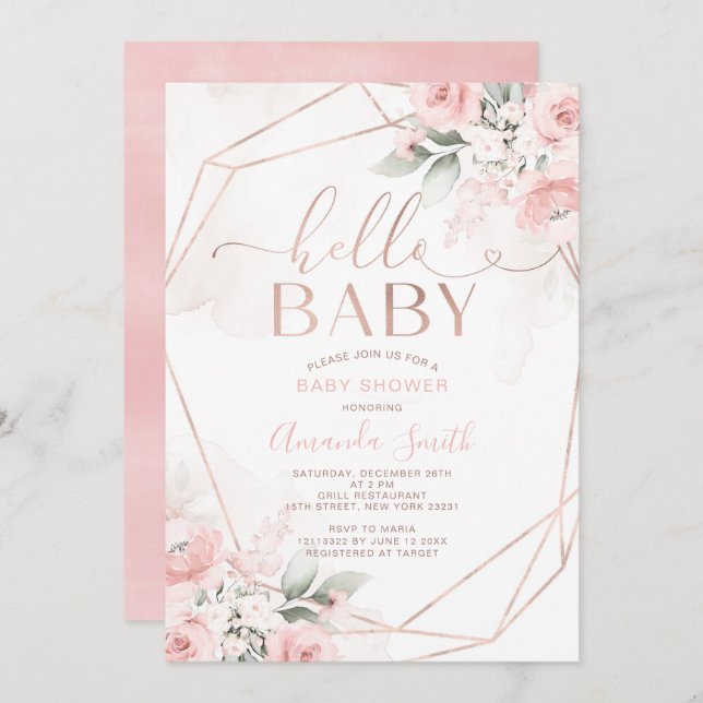 Invitación Elegante Floral Rosa Hola Baby Shower (Anverso / Reverso)
