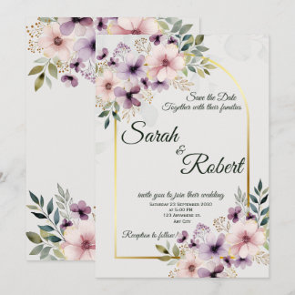 Invitación Elegante Floral Rosa Púrpura para Salvar la Fecha