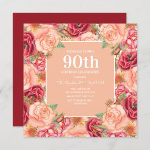 Invitación Elegante floral rosa rojo 90ª fiesta de cumpleaños
