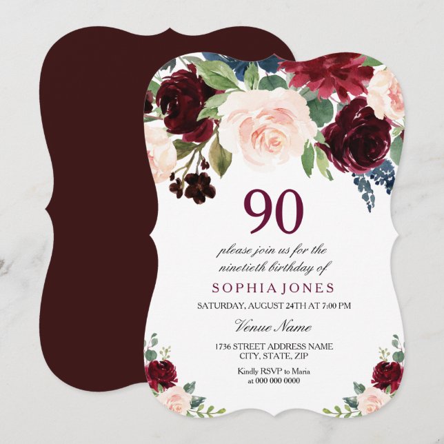 Invitación Elegante floral rosa rojo borgoñona 90 cumpleaños (Anverso / Reverso)