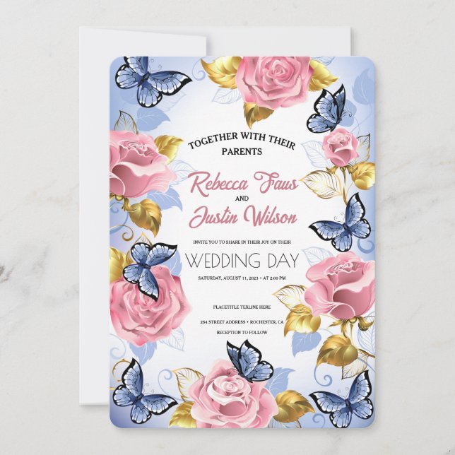 Invitación Elegante floral rosa rosa rosa y turbio (Anverso)