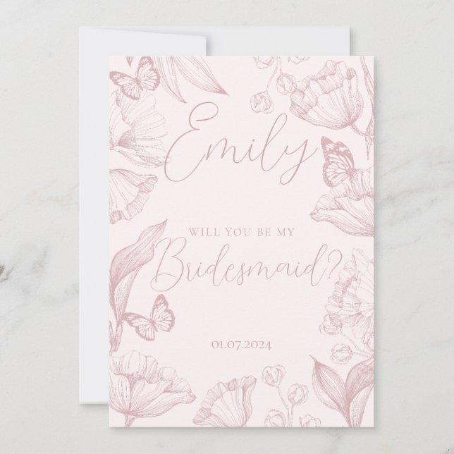 Invitación Elegante floral rosa serás mi dama de honor (Anverso)