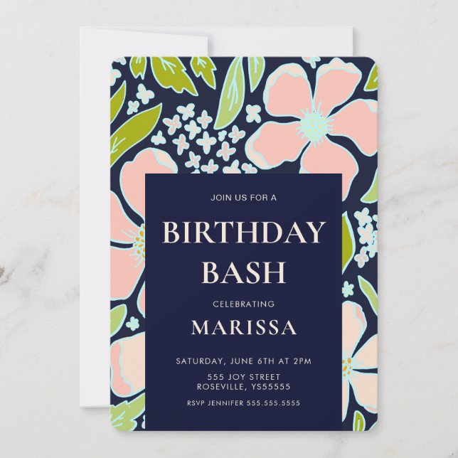 Invitación Elegante floral rosa y azul Bash de cumpleaños (Anverso)