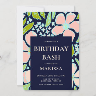 Invitación Elegante floral rosa y azul Bash de cumpleaños