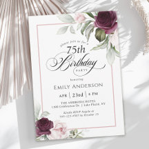 Elegante floral rosa y borgoñona 75º cumpleaños