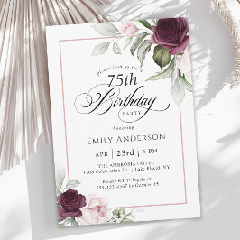 Invitación Elegante floral rosa y borgoñona 75º cumpleaños