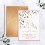 Invitación Elegante floral rosa y dorada 30 años de la mujer<br><div class="desc">Invitación a la fiesta de cumpleaños número 30 de una mujer moderna y elegante, con un hermoso motivo floral color agua rosa en la esquina superior, con "Fiesta de cumpleaños número 30" y la parte trasera de la tarjeta en Relieve metalizado de oro falso mate, y el nombre en texto...</div>