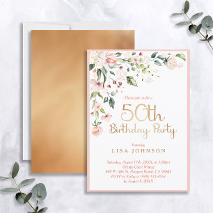 Invitación Elegante floral rosa y dorada 50 años de la mujer