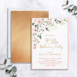 Invitación Elegante floral rosa y dorada 95 cumpleaños de muj