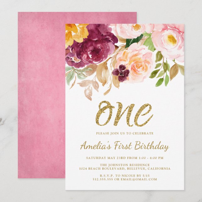 Invitación Elegante floral rosa y dorada primer Fiesta de cum (Anverso / Reverso)