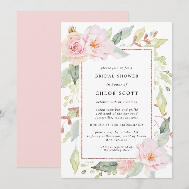 Invitación Elegante Floral rosa y ducha Rosa de novias dorada (Anverso / Reverso)