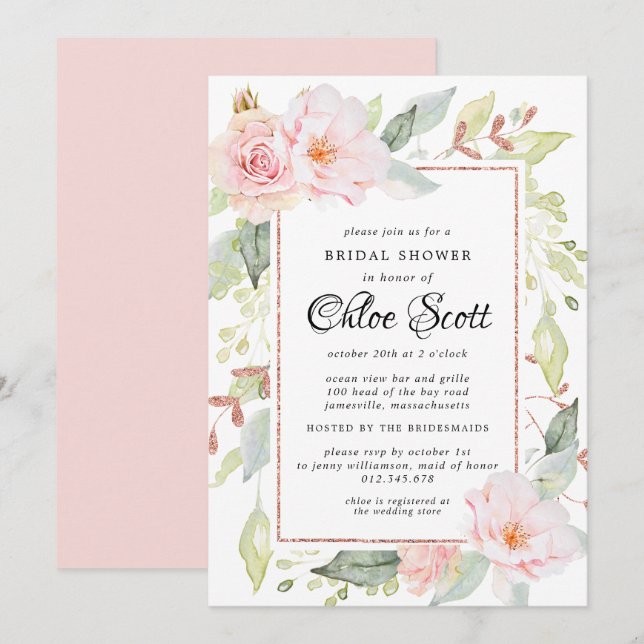 Invitación Elegante Floral rosa y ducha Rosa de novias dorada (Anverso / Reverso)