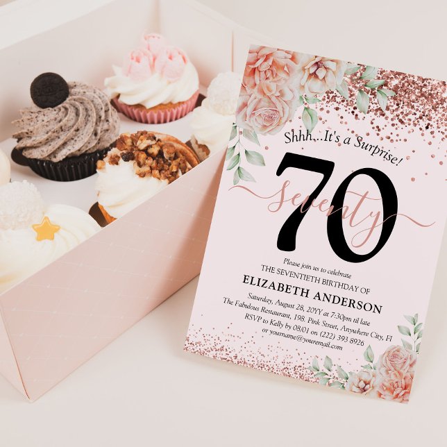Invitación Elegante floral rosa y fiesta de cumpleaños 70 Pur (Subido por el creador)