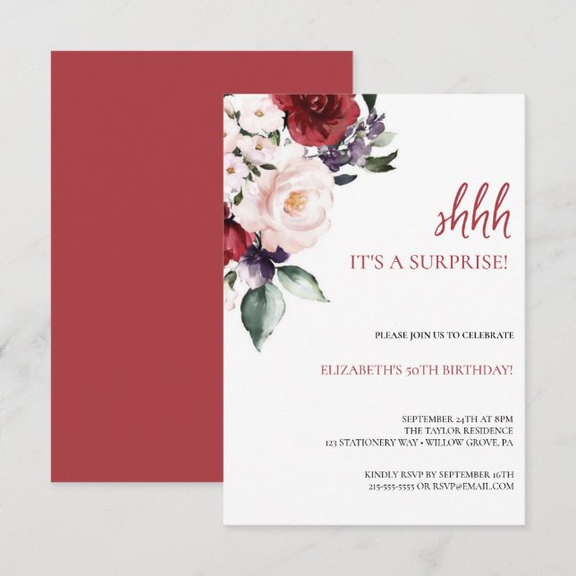 Invitación Elegante floral rosa y fiesta de cumpleaños número (Anverso / Reverso)