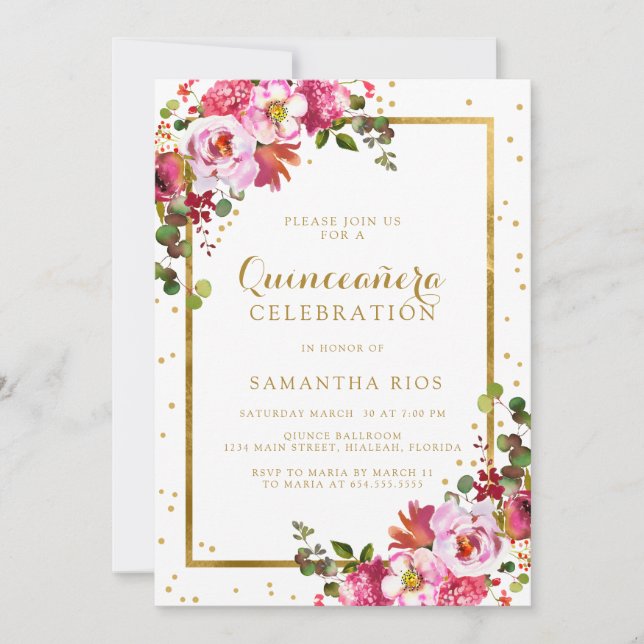 Invitación Elegante floral rosa y marco dorado Quinceanera (Anverso)