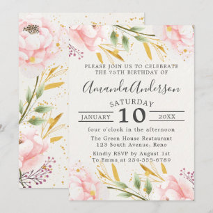 Invitación Elegante Floral Rosa Y Oro 75 Años