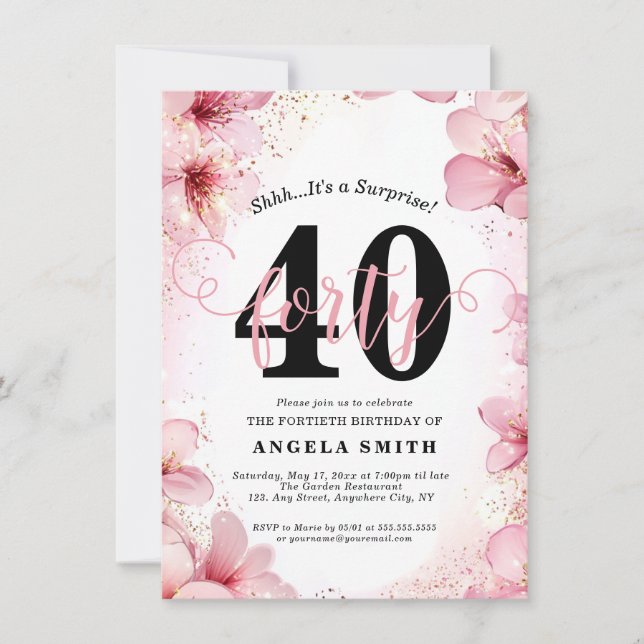 Invitación Elegante floral rosa y Purpurina 40 Fiesta de cump (Anverso)