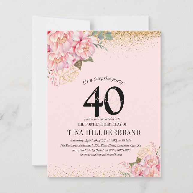 Invitación Elegante floral rosa y Purpurina 40 Fiesta de cump (Anverso)